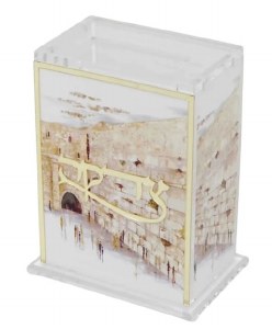 Picture of Lucite Tzedakah Charity Box Rectangle Shape Gold Line Border Kosel Design 4.5"